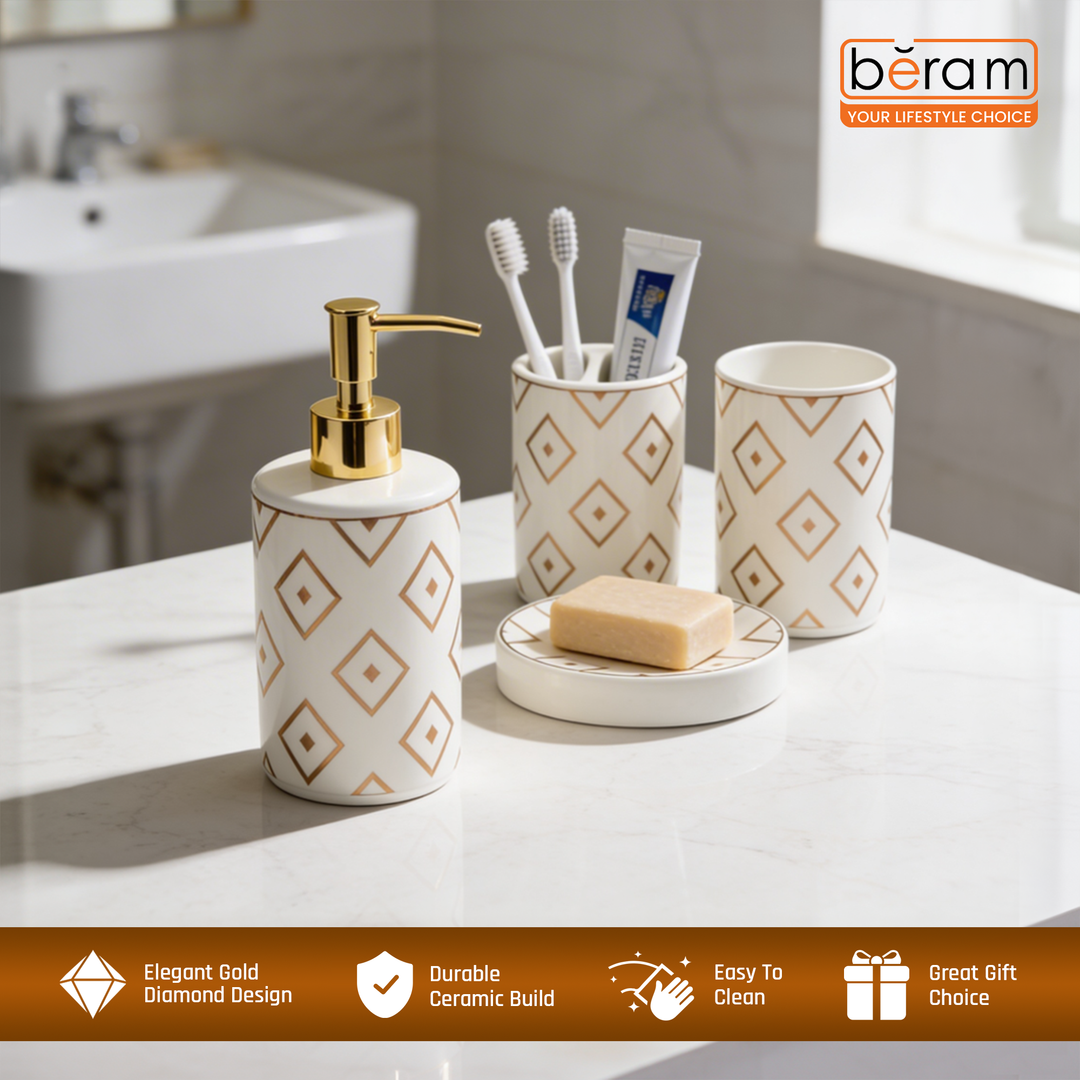 BERAM Diamond White 4PC Ceramic Bathroom Accessory Set Luxury Washroom Collection with Gold Pattern Soap Dispenser Pump Toothbrush Holder with 2 Slots, Tumbler Cup & Matching Soap Dish for Modern Home & Hotel Bathroom Decor