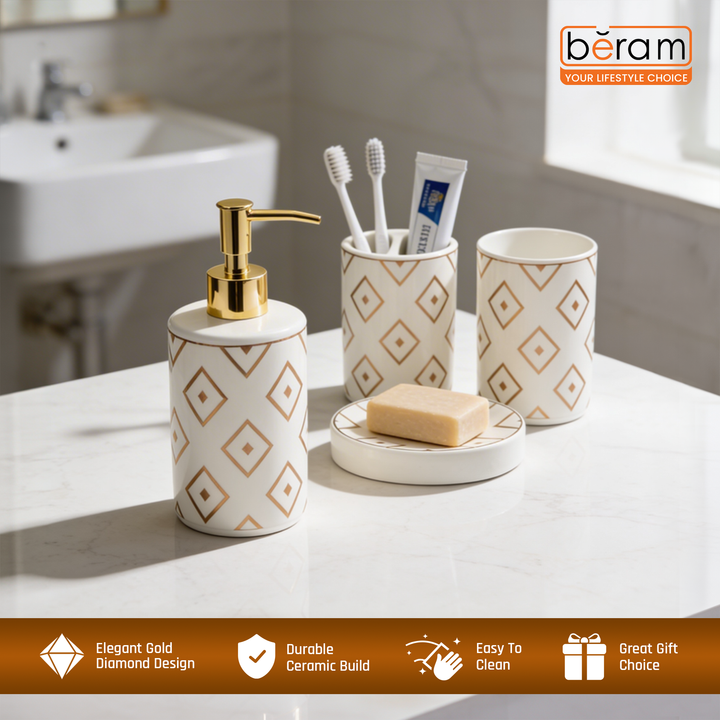 BERAM Diamond White 4PC Ceramic Bathroom Accessory Set Luxury Washroom Collection with Gold Pattern Soap Dispenser Pump Toothbrush Holder with 2 Slots, Tumbler Cup & Matching Soap Dish for Modern Home & Hotel Bathroom Decor