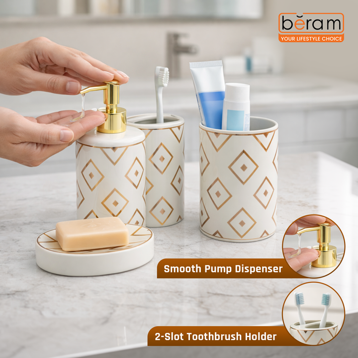 BERAM Diamond White 4PC Ceramic Bathroom Accessory Set Luxury Washroom Collection with Gold Pattern Soap Dispenser Pump Toothbrush Holder with 2 Slots, Tumbler Cup & Matching Soap Dish for Modern Home & Hotel Bathroom Decor