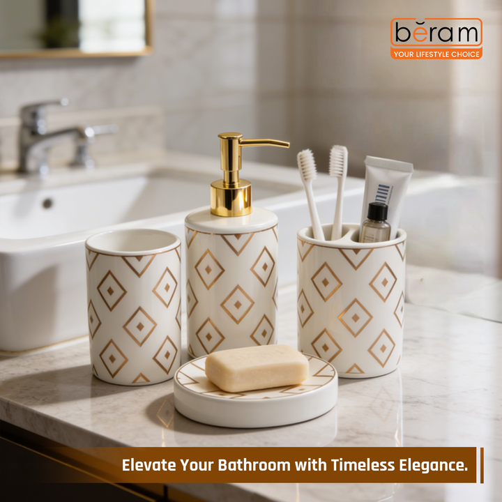 BERAM Diamond White 4PC Ceramic Bathroom Accessory Set Luxury Washroom Collection with Gold Pattern Soap Dispenser Pump Toothbrush Holder with 2 Slots, Tumbler Cup & Matching Soap Dish for Modern Home & Hotel Bathroom Decor