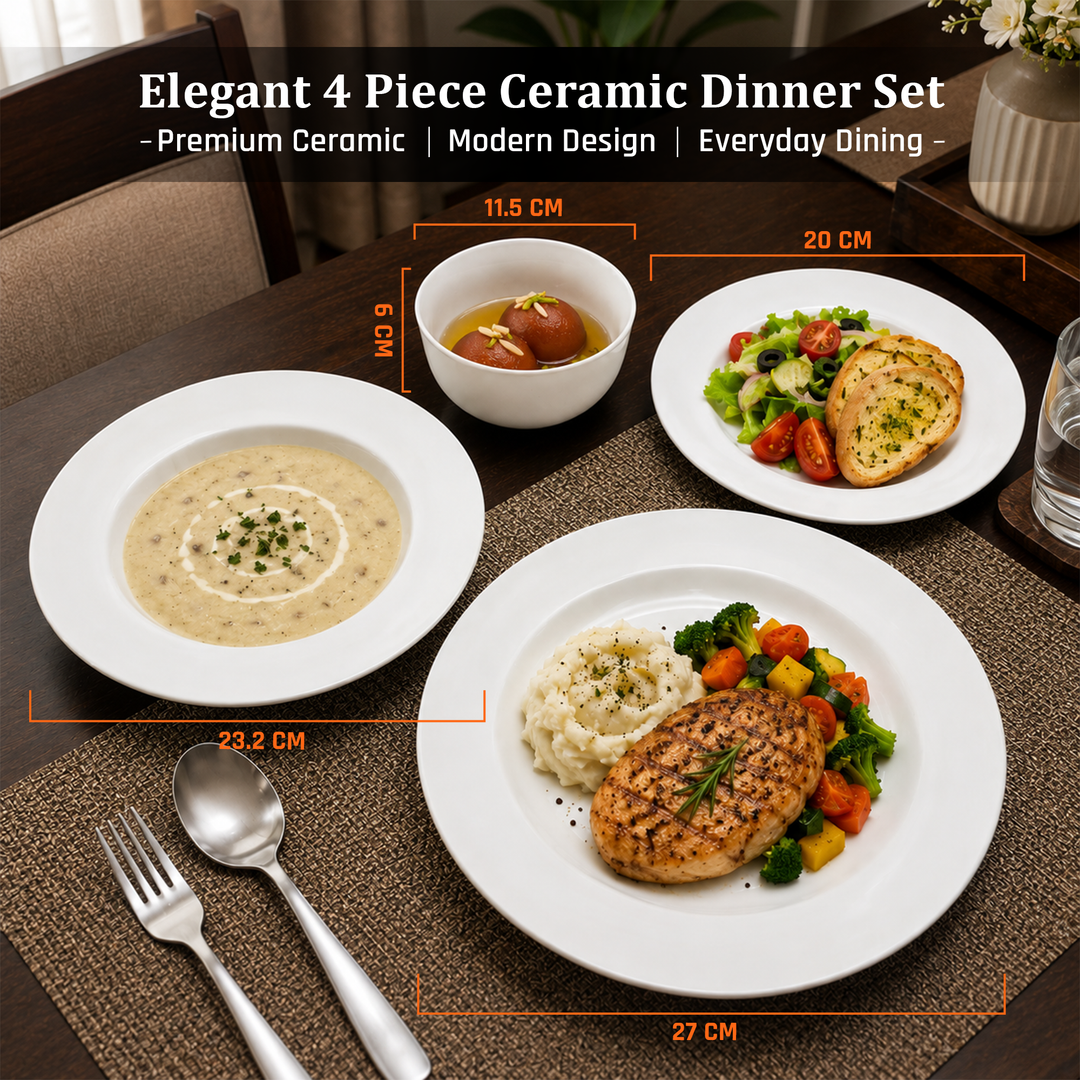 Ceramic Dinner Set 4 Pieces White Microwave & Dishwasher Safe Heat Resistant Dining Set with Dinner Plate Soup Plate Dessert Plate & Bowl for Home Kitchen Use