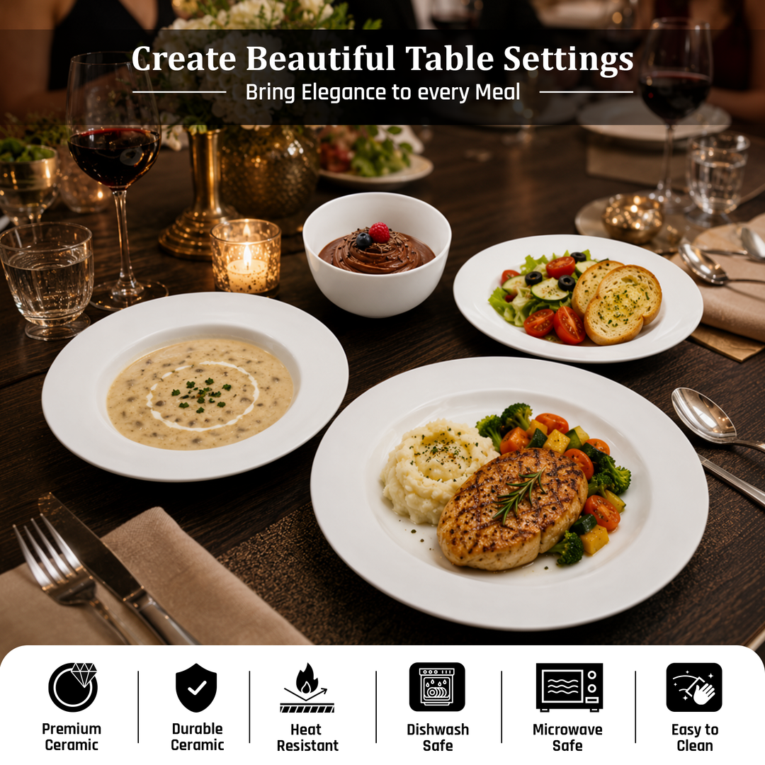 Ceramic Dinner Set 4 Pieces White Microwave & Dishwasher Safe Heat Resistant Dining Set with Dinner Plate Soup Plate Dessert Plate & Bowl for Home Kitchen Use