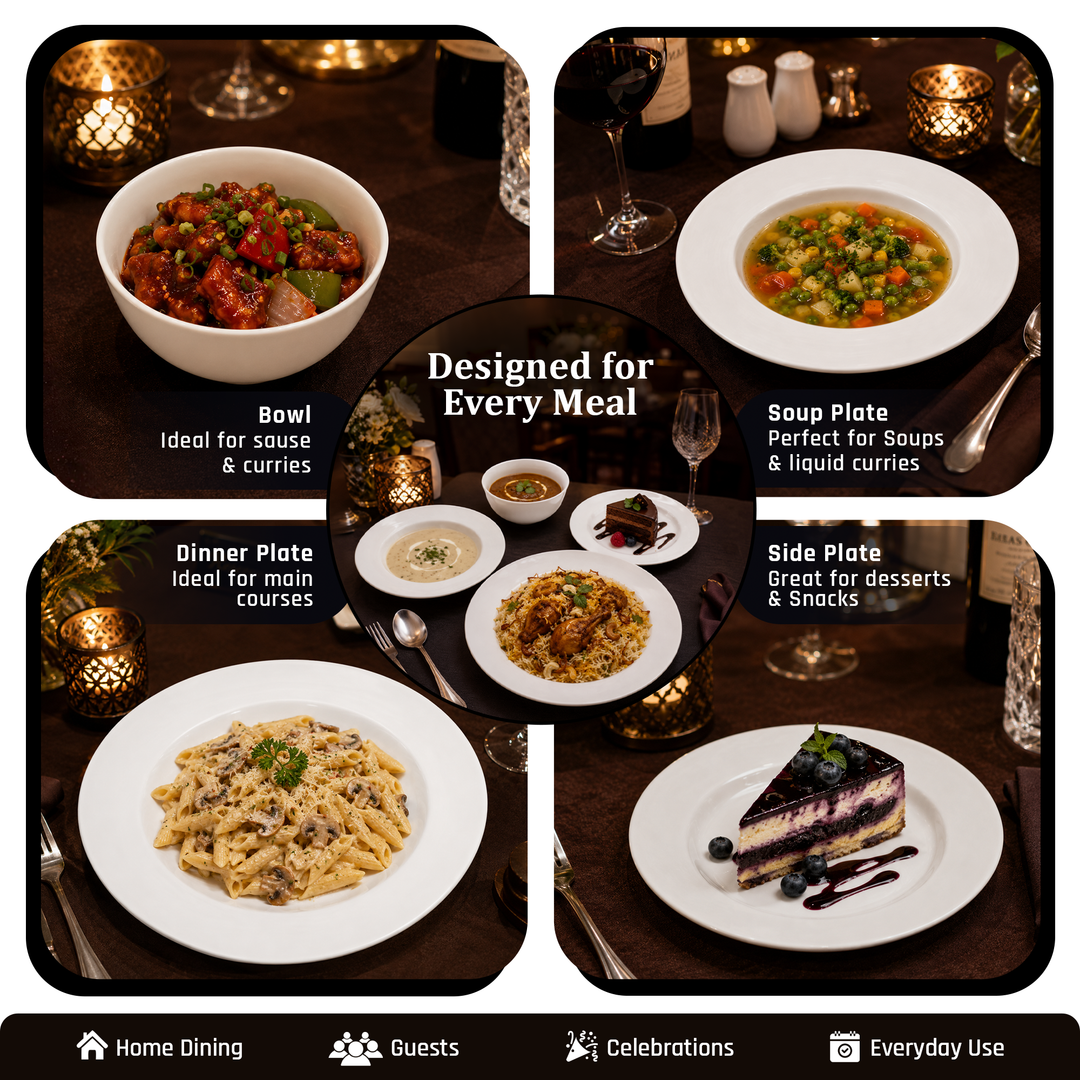 Ceramic Dinner Set 4 Pieces White Microwave & Dishwasher Safe Heat Resistant Dining Set with Dinner Plate Soup Plate Dessert Plate & Bowl for Home Kitchen Use