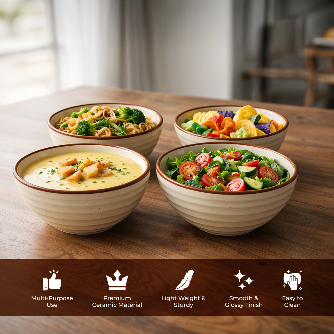 Ariane Artisan Collection Durable Ceramic Bowl Set Rustic Cream Speckled Dining Bowls with Brown Rim Microwave and Dishwasher Safe for Soup Cereal Salad and Everyday Use