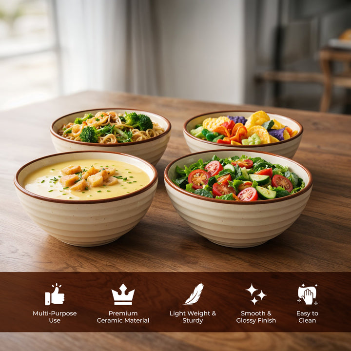 Ariane Artisan Collection Durable Ceramic Bowl Set Rustic Cream Speckled Dining Bowls with Brown Rim Microwave and Dishwasher Safe for Soup Cereal Salad and Everyday Use