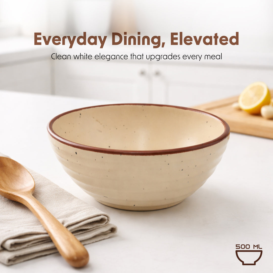 Ariane Artisan Collection Durable Ceramic Bowl Set Rustic Cream Speckled Dining Bowls with Brown Rim Microwave and Dishwasher Safe for Soup Cereal Salad and Everyday Use