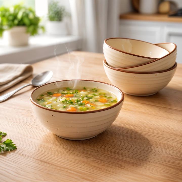 Ariane Artisan Collection Durable Ceramic Bowl Set Rustic Cream Speckled Dining Bowls with Brown Rim Microwave and Dishwasher Safe for Soup Cereal Salad and Everyday Use