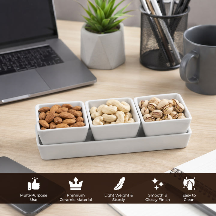 Ceramic Nuts Tray with Bowls White Dishwasher Safe Heat Resistant Serving Bowl Set for Snacks Desserts Soup Dips Sauces and Modern Kitchen Dining Use