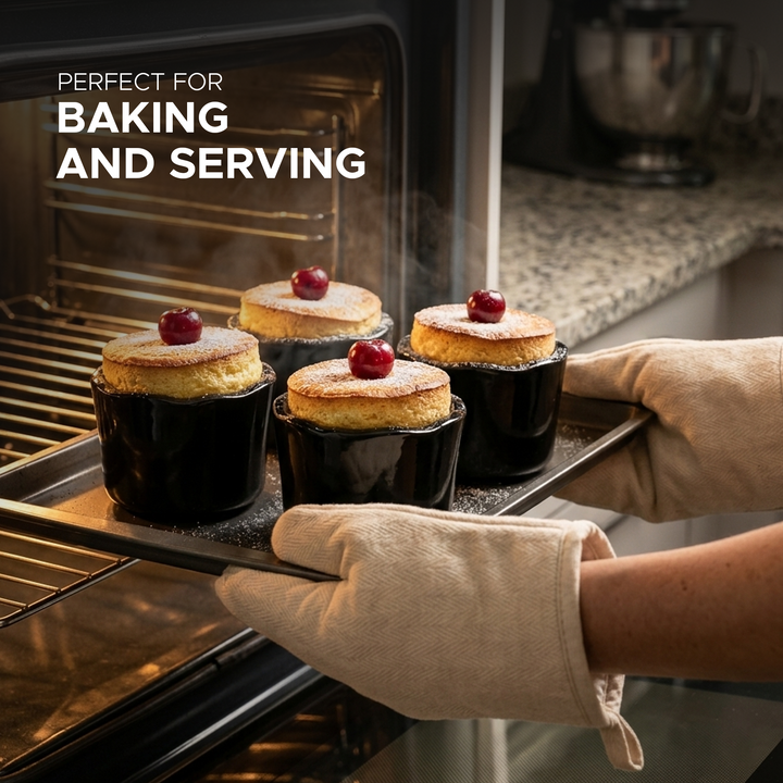Beram Black Ceramic Soufflé Dish Cup – 250ml Ramekin for Baking & Desserts, Heat-Resistant Oven Microwave & Dishwasher Safe Custard Pudding Bowl