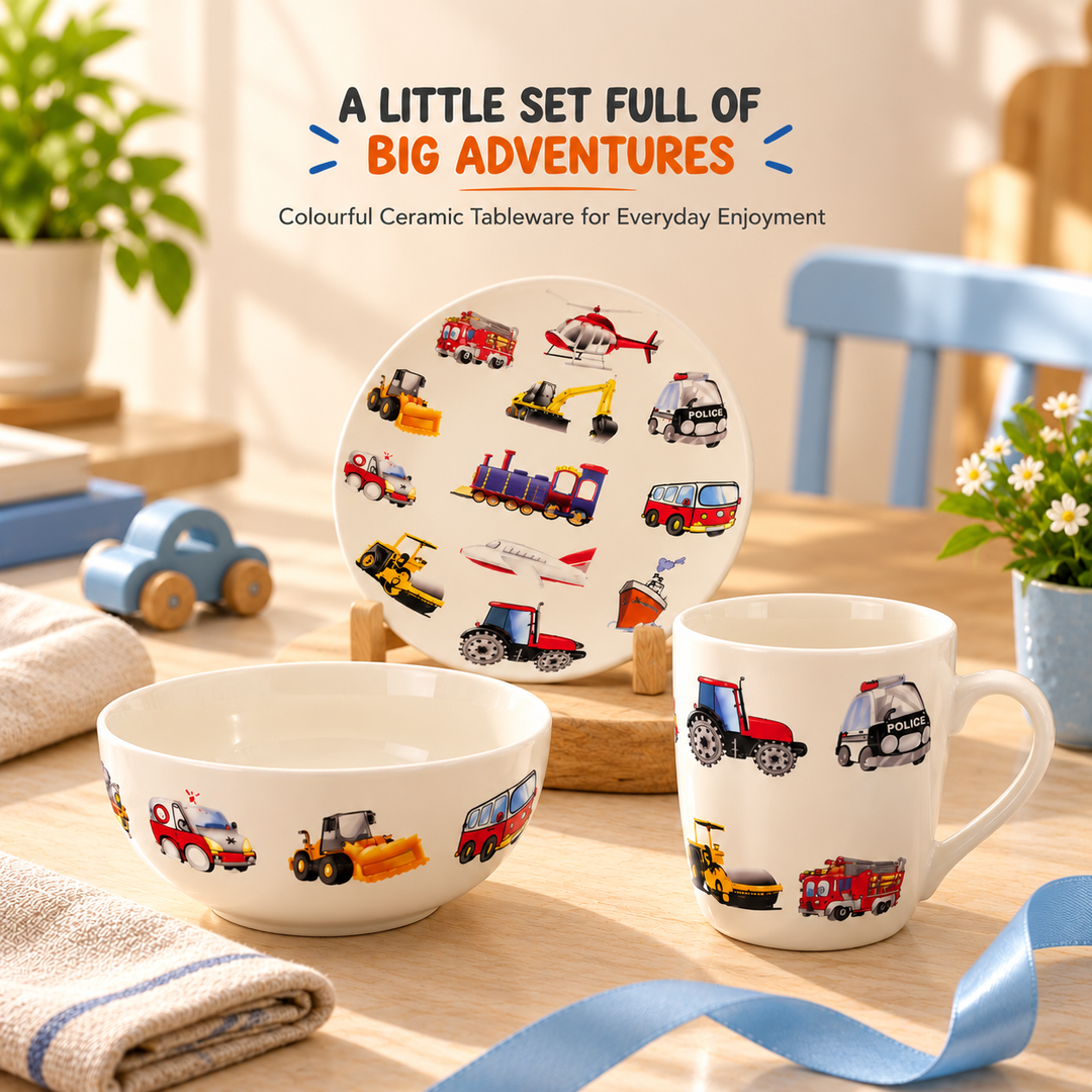 3 Piece Ceramic Dinnerware Set with Plate, Bowl & Mug, Colourful Ocean Sea Life Design, Fish, Turtle, Crab & Starfish Pattern, Breakfast Dining Set for Everyday Meals, Snacks, Cereal & Drinks