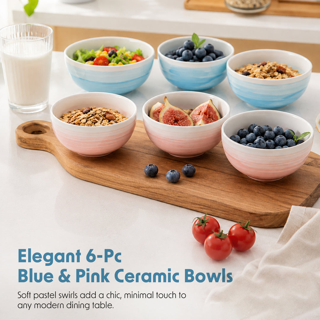 Ceramic Bowl 6 Piece Set Microwave Dishwasher Safe Serving Bowls for Soup Rice Cereal Salad Snacks Dessert Kitchen Dining and Restaurant Use