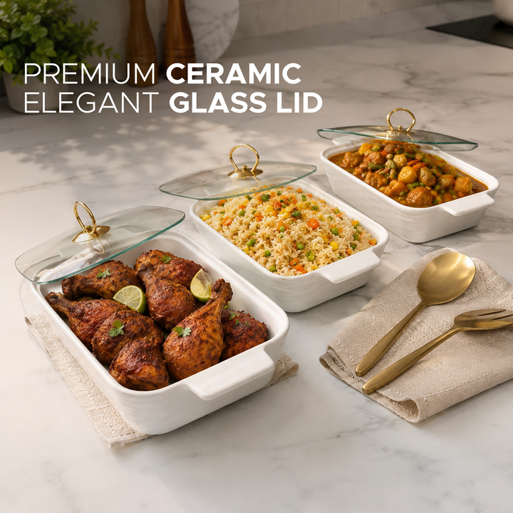 Ceramic Baking Dish Set with Glass Lids – 3 Piece Rectangular Oven Bakeware Set (10”, 12”, 14.5”) | Porcelain Casserole Baking Trays for Lasagna, Pasta, Cake, Roasting & Serving | White