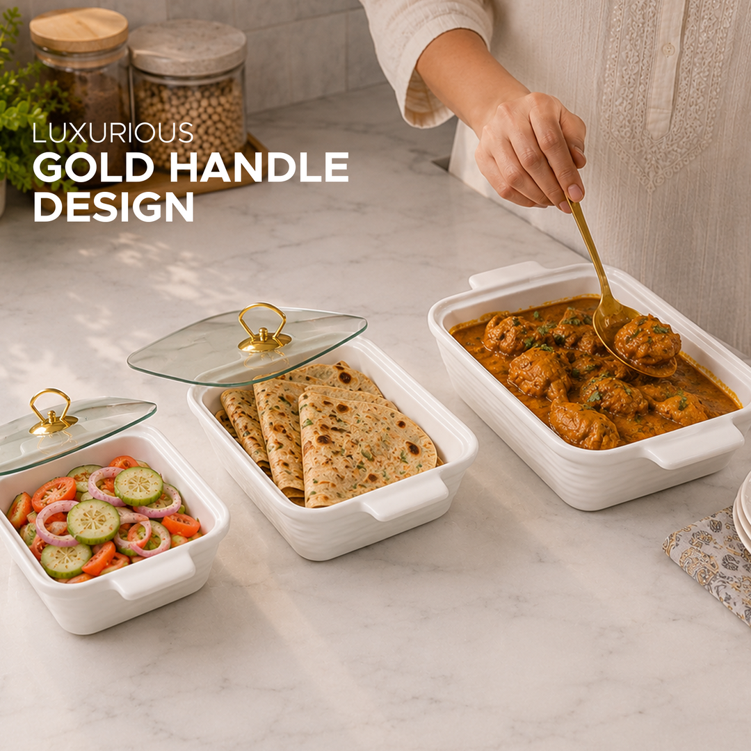 Ceramic Baking Dish Set with Glass Lids – 3 Piece Rectangular Oven Bakeware Set (10”, 12”, 14.5”) | Porcelain Casserole Baking Trays for Lasagna, Pasta, Cake, Roasting & Serving | White
