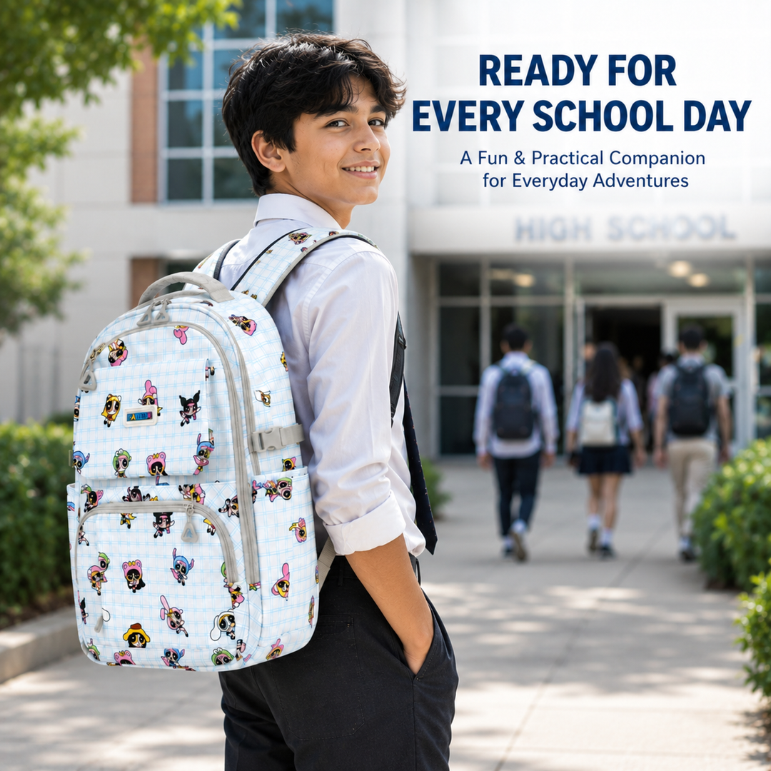 Powerpals School Bag, Lightweight Backpack with Multiple Compartments, Front Utility Pocket, Side Bottle Pockets & Adjustable Shoulder Straps