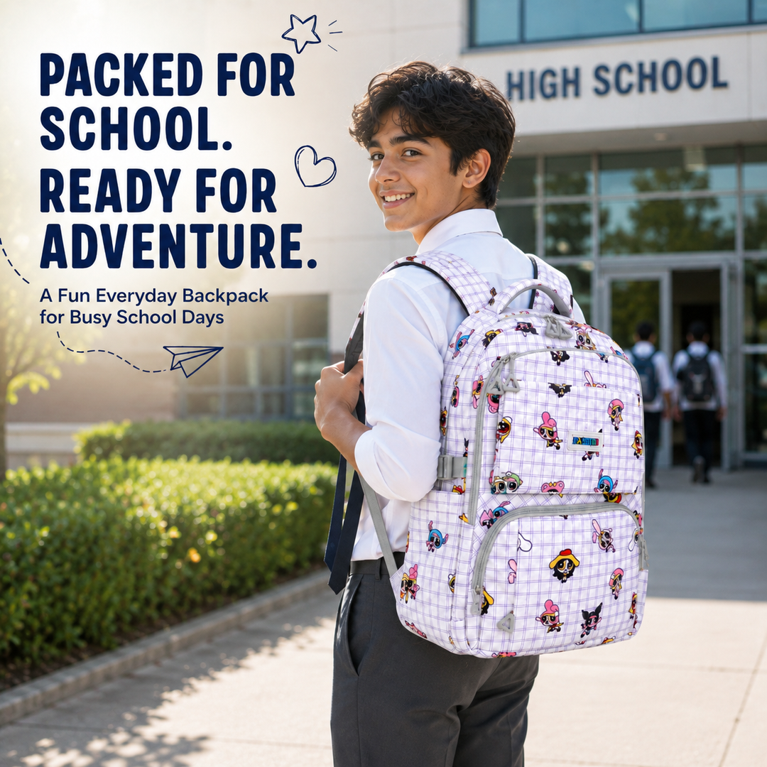 Powerpals School Bag, Lightweight Backpack with Multiple Compartments, Front Utility Pocket, Side Bottle Pockets & Adjustable Shoulder Straps