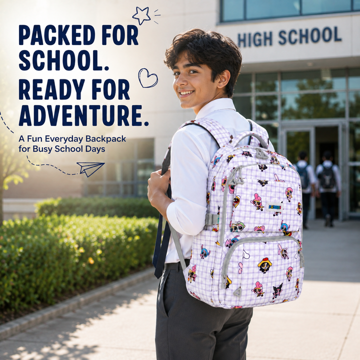 Powerpals School Bag, Lightweight Backpack with Multiple Compartments, Front Utility Pocket, Side Bottle Pockets & Adjustable Shoulder Straps