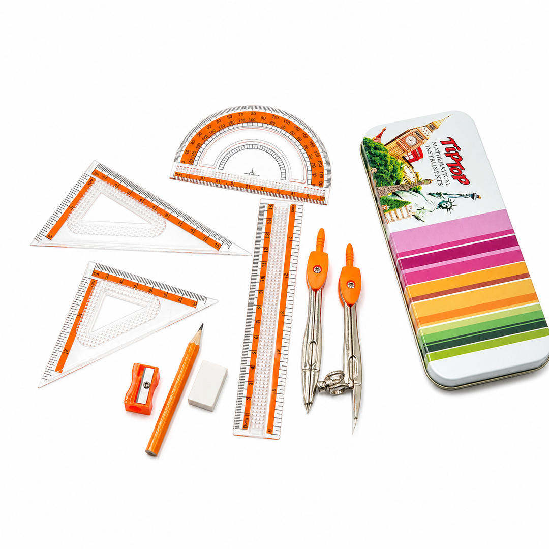 9 Piece Mathematical Geometry Box Set with Metal Tin Case, Compass, Divider, 15 cm Ruler, Protractor, Set Squares, Pencil, Eraser & Sharpener, Geometry Instrument Kit for School Students