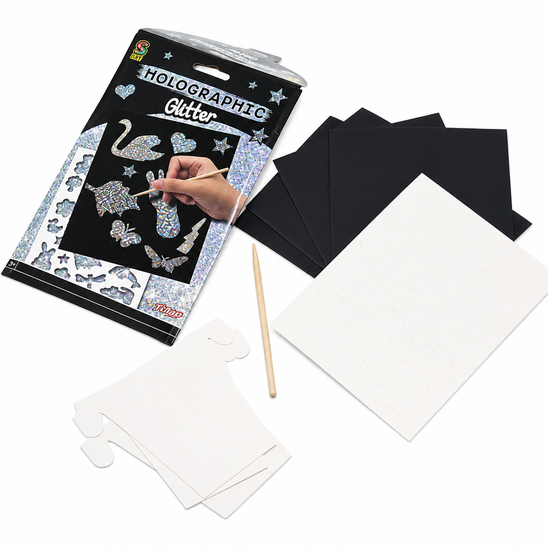 Holographic Glitter Art Craft Set, DIY Sparkle Picture Activity Kit with Black Art Sheets, Design Templates & Application Tool, Creative Holographic Craft Supplies for Art, Hobby, Decoration & Gifting