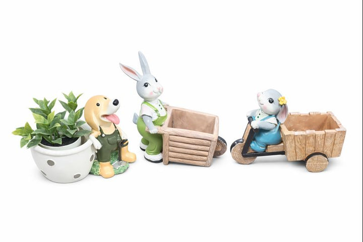 Little Gardener Set Rabbit Bunny Puppy Planter Polyresin Decorative Flower Pot Cute Animal Succulent Planter Cart Design Indoor Outdoor Garden Table Home Office Decor Propagator Kit Gift Set