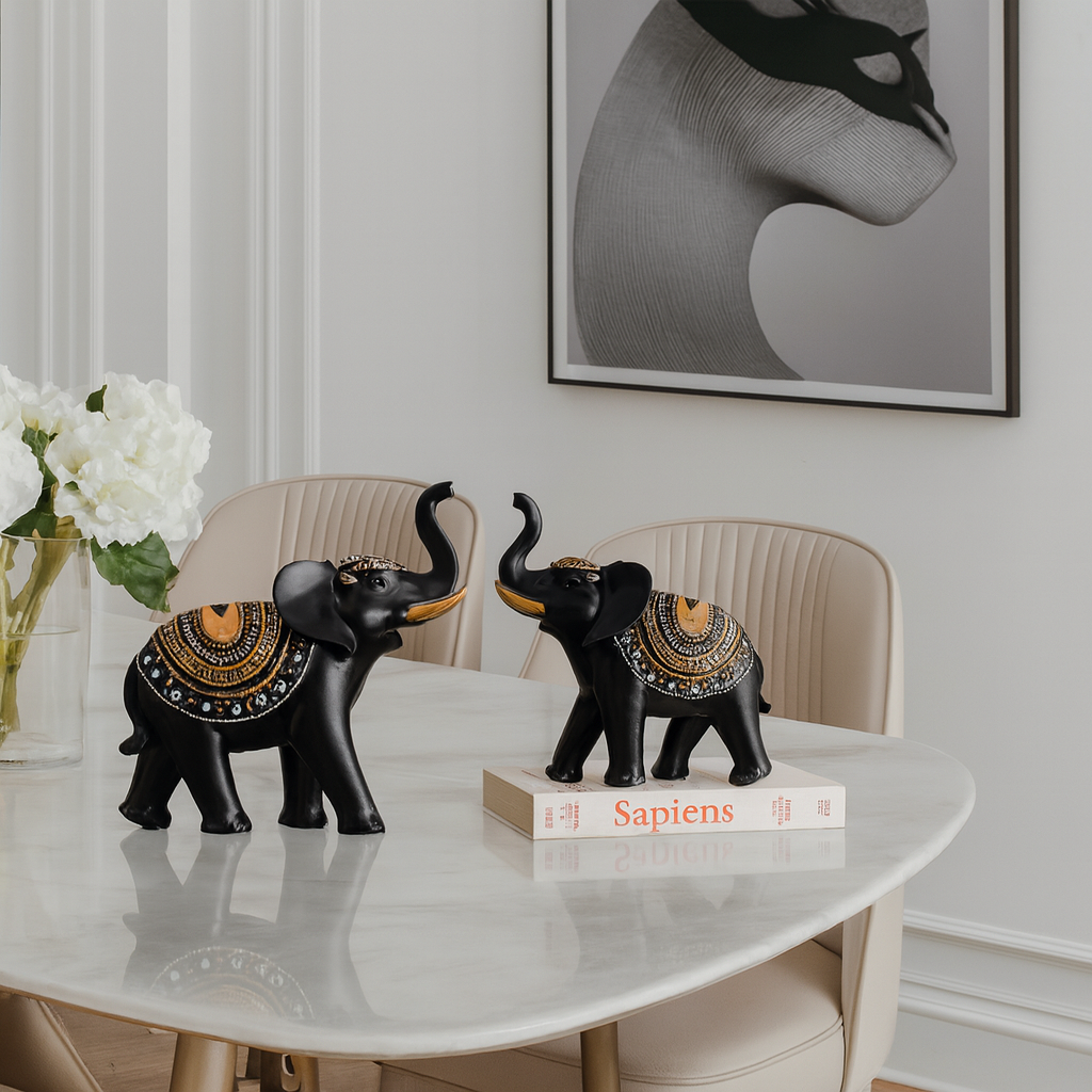 BERAM Royal Elephant Figurines Set of 2 Resin Elephant Statues with Gold Accents Lucky Trunk Up Elephant Décor for Living Room Bedroom Office and Home Decoration Perfect Housewarming Gift
