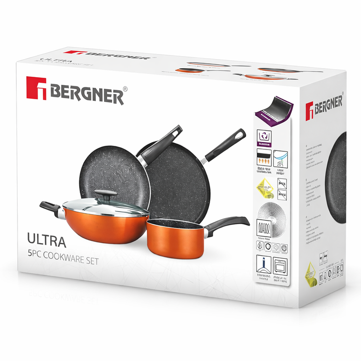 Bergner Ultra 5-Piece Non-Stick Cookware Set – Pressed Aluminum Pots and Pans with Casserole & Lid, Saucepan, Fry Pan and Dosa Tawa Induction & Gas Compatible Kitchen Cooking Set