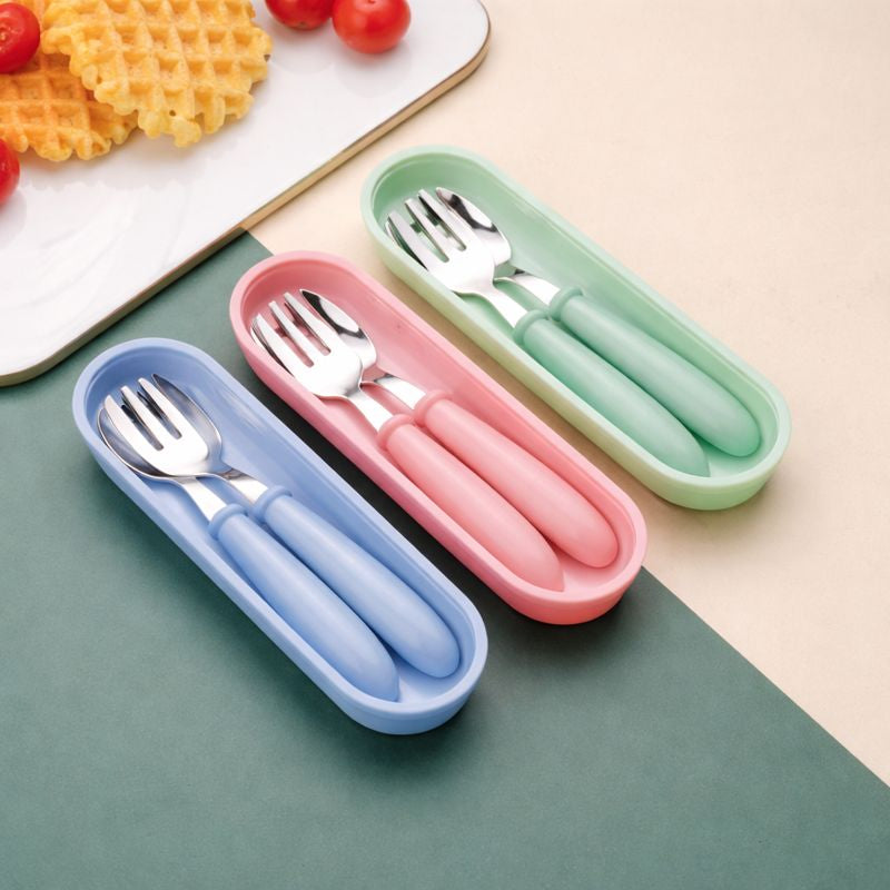 Beram Children Cutlery Set Utensils Set 2 PCS Kids Cutlery Set Baby Spoon Spoon and Fork Portable Tableware with Plastic Case 304 Stainless Steel BPA Free Dishwasher Safe