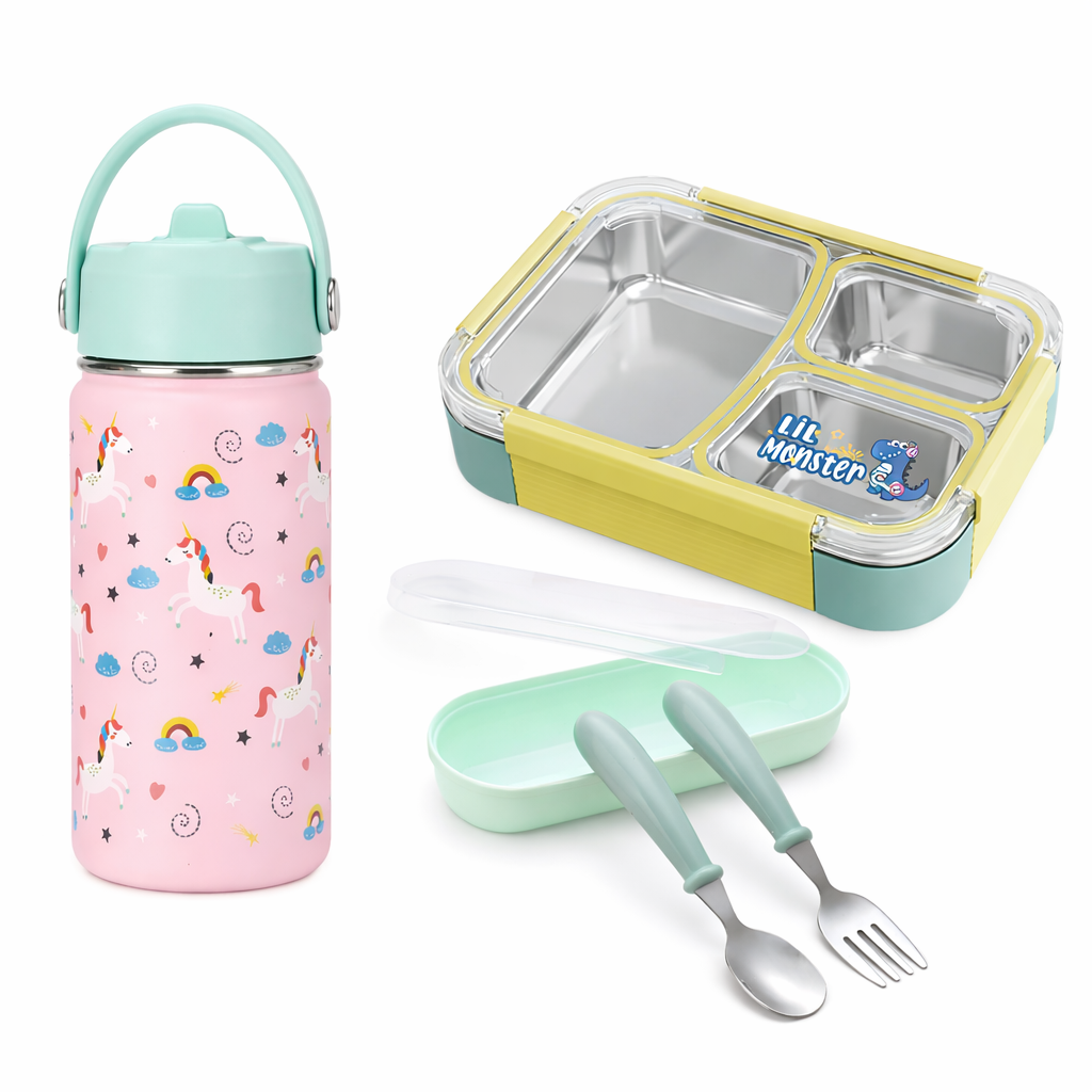 Beram Kids School Lunch Combo Set Stainless Steel Thermal Water Bottle 500ml Insulated Bento Lunch Box 780ml with Spoon Fork Cutlery BPA Free Leakproof