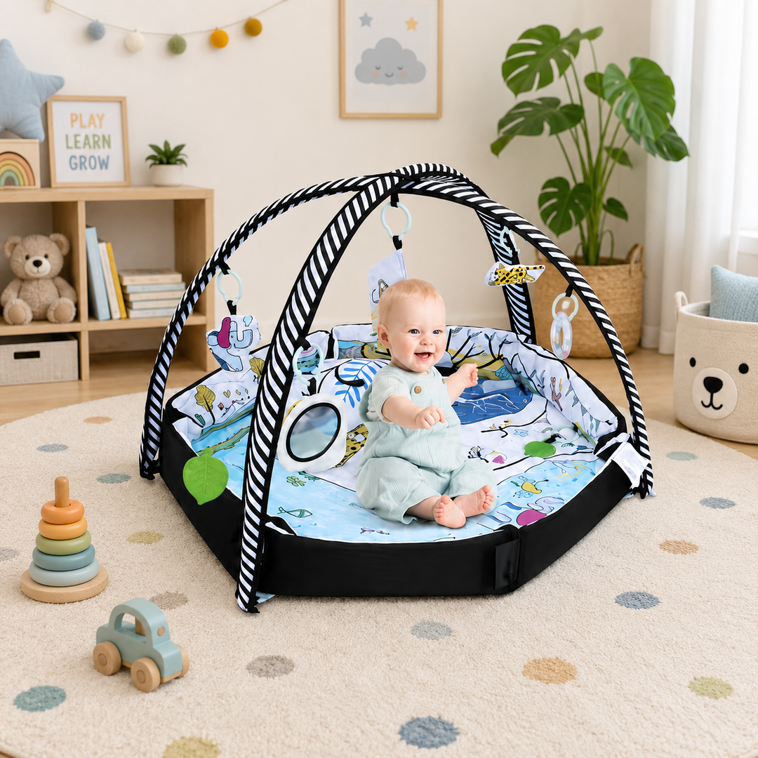 Baby Play Gym Mat – Soft Padded Activity Mat with Hanging Toys, Teether, Pillow & Musical Elements | Sensory Development Play Area for Infants 0 Months+ | Foldable Baby Gym with Cloth Book & Mirror