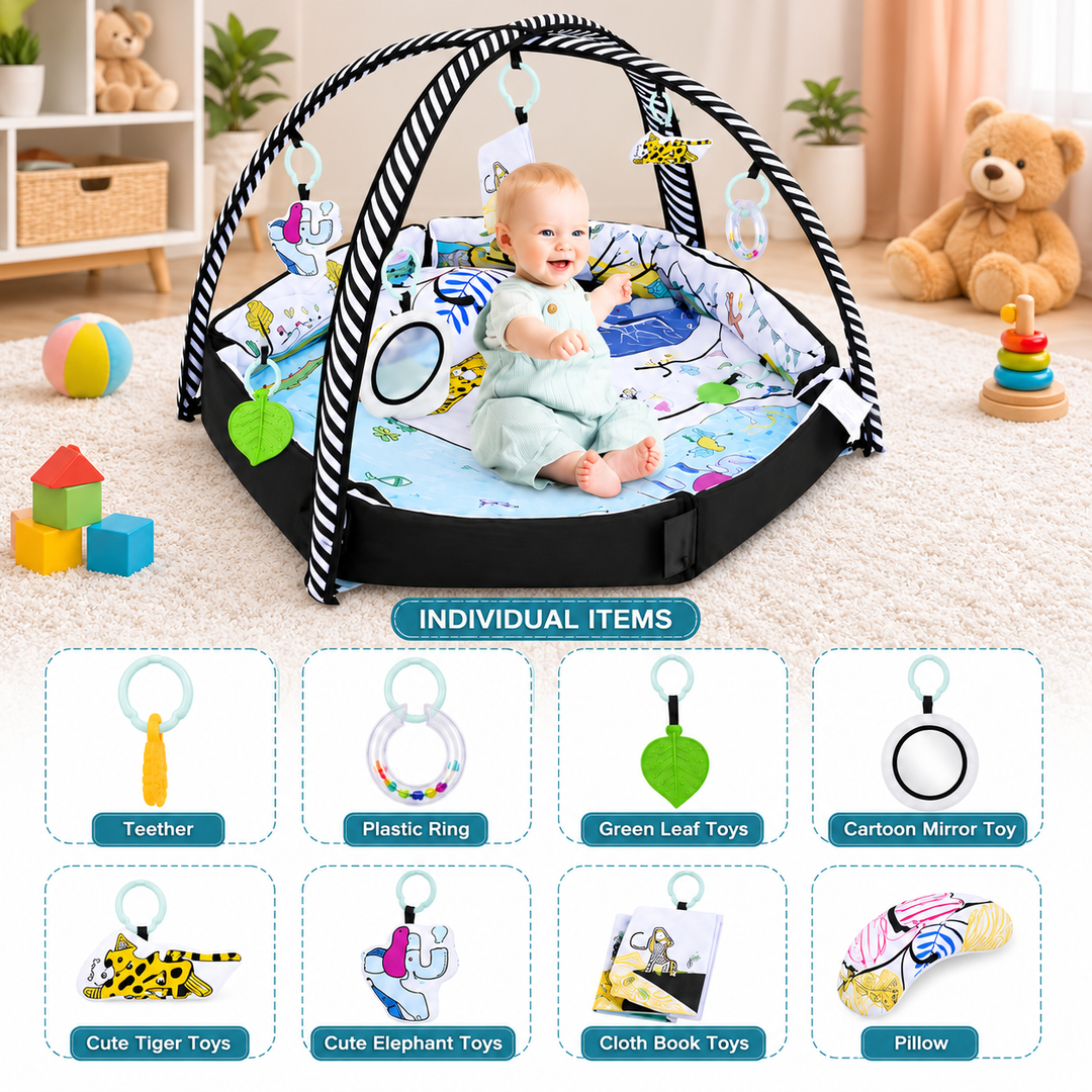 Baby Play Gym Mat – Soft Padded Activity Mat with Hanging Toys, Teether, Pillow & Musical Elements | Sensory Development Play Area for Infants 0 Months+ | Foldable Baby Gym with Cloth Book & Mirror