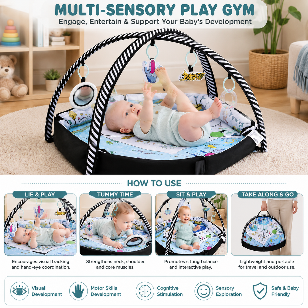 Baby Play Gym Mat – Soft Padded Activity Mat with Hanging Toys, Teether, Pillow & Musical Elements | Sensory Development Play Area for Infants 0 Months+ | Foldable Baby Gym with Cloth Book & Mirror