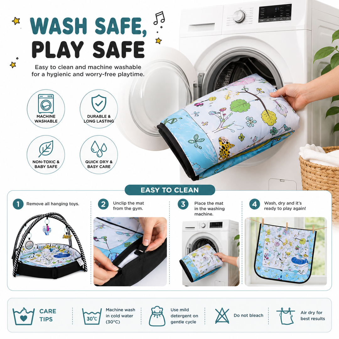 Baby Play Gym Mat – Soft Padded Activity Mat with Hanging Toys, Teether, Pillow & Musical Elements | Sensory Development Play Area for Infants 0 Months+ | Foldable Baby Gym with Cloth Book & Mirror