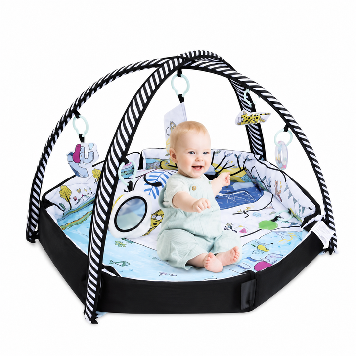 Baby Play Gym Mat – Soft Padded Activity Mat with Hanging Toys, Teether, Pillow & Musical Elements | Sensory Development Play Area for Infants 0 Months+ | Foldable Baby Gym with Cloth Book & Mirror