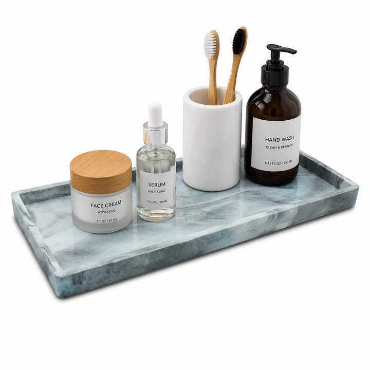 Beram Bathroom Storage Rectangular Tray Grey Marble Effect  Silica GelGrey Bathroom Storage Rack with Silicagel Rectangular Tray for Toiletries and Essentials for Vanity & Sink Counter