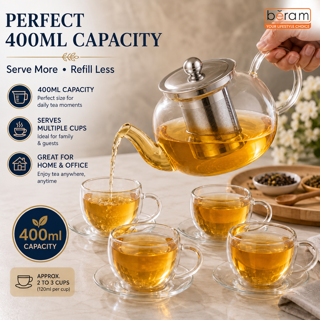 BERAM Glass Teapot with Infuser – 400ml Borosilicate Clear Tea Kettle with Removable 18/8 Stainless Steel Infuser, Stovetop Safe, Handcrafted Loose Leaf Tea Brewer for Home