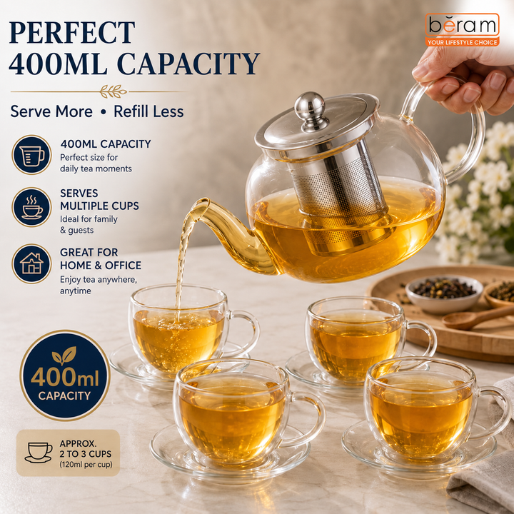 BERAM Glass Teapot with Infuser – 400ml Borosilicate Clear Tea Kettle with Removable 18/8 Stainless Steel Infuser, Stovetop Safe, Handcrafted Loose Leaf Tea Brewer for Home