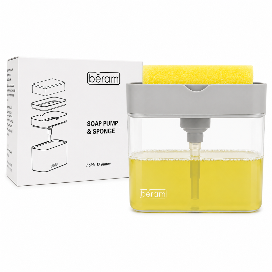 BERAM 500ml Soap Dispenser with Sponge Holder 2-in-1 Countertop Pump for Kitchen Sink Dishwasher Soap Dispenser Refillable with Cleaning Cloth Rack  Space-Saving Kitchen Organizer