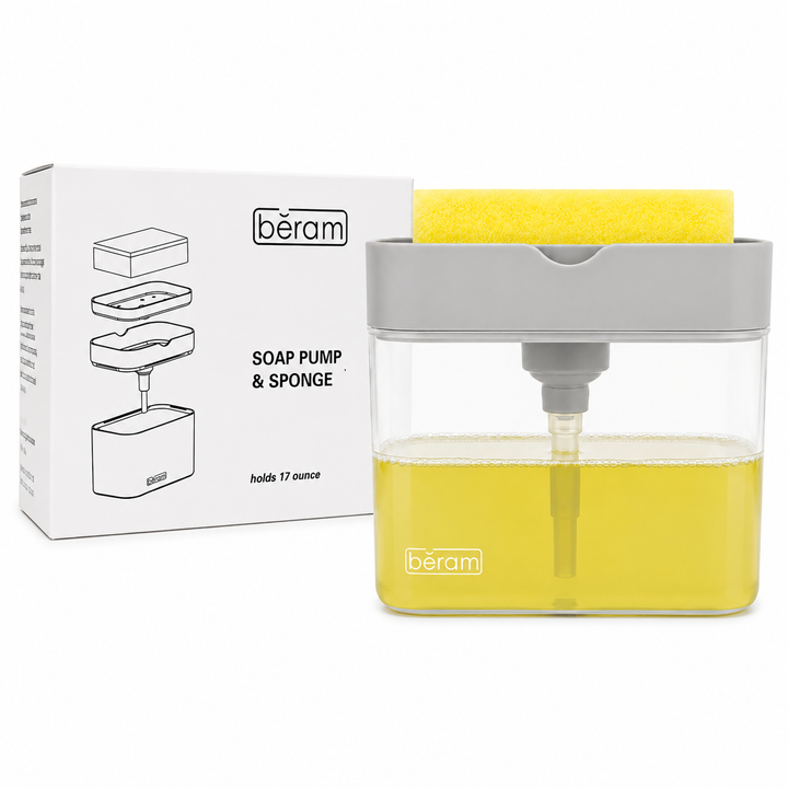BERAM 500ml Soap Dispenser with Sponge Holder 2-in-1 Countertop Pump for Kitchen Sink Dishwasher Soap Dispenser Refillable with Cleaning Cloth Rack  Space-Saving Kitchen Organizer