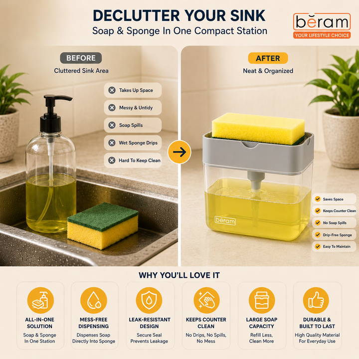 BERAM 500ml Soap Dispenser with Sponge Holder 2-in-1 Countertop Pump for Kitchen Sink Dishwasher Soap Dispenser Refillable with Cleaning Cloth Rack  Space-Saving Kitchen Organizer