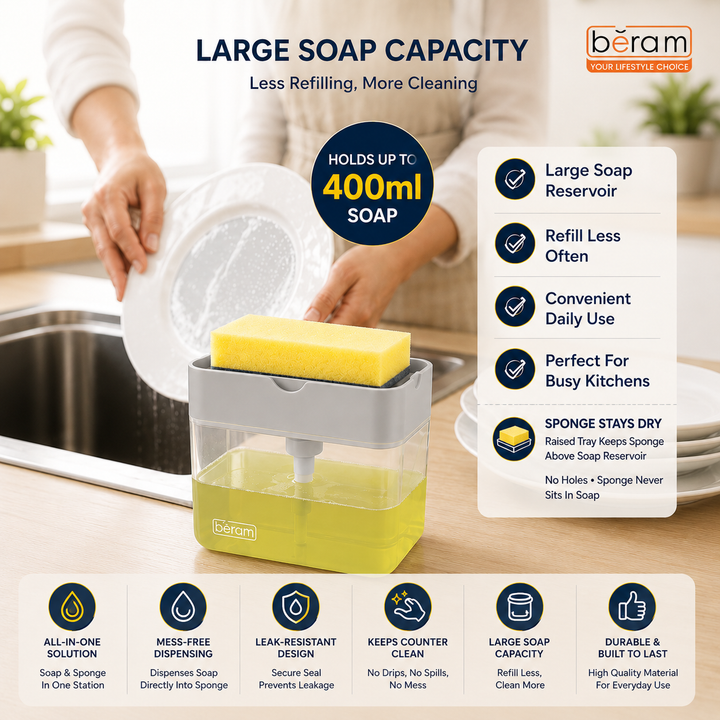 BERAM 500ml Soap Dispenser with Sponge Holder 2-in-1 Countertop Pump for Kitchen Sink Dishwasher Soap Dispenser Refillable with Cleaning Cloth Rack  Space-Saving Kitchen Organizer