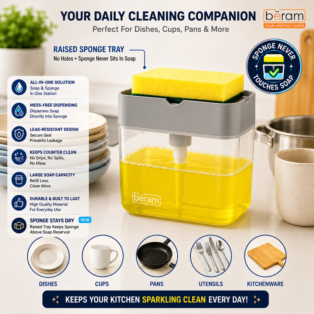 BERAM 500ml Soap Dispenser with Sponge Holder 2-in-1 Countertop Pump for Kitchen Sink Dishwasher Soap Dispenser Refillable with Cleaning Cloth Rack  Space-Saving Kitchen Organizer