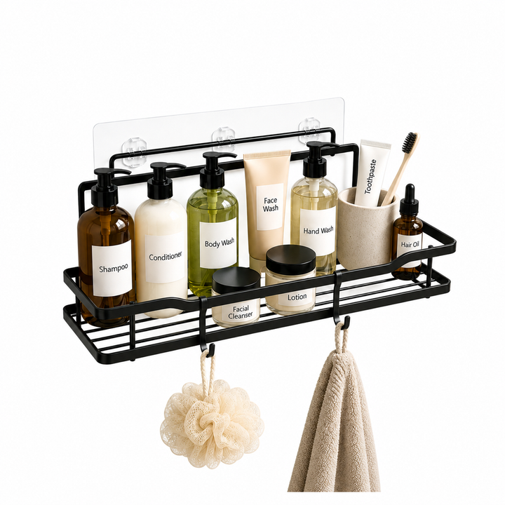 Beram Matte Black Rectangular Bathroom Storage Rack Carbon Steel Hook Hanging Space Saving Bathroom Organizer Rust Resistant Durable WallMounted Caddy for Toiletries Shampoo Soap and Accessories