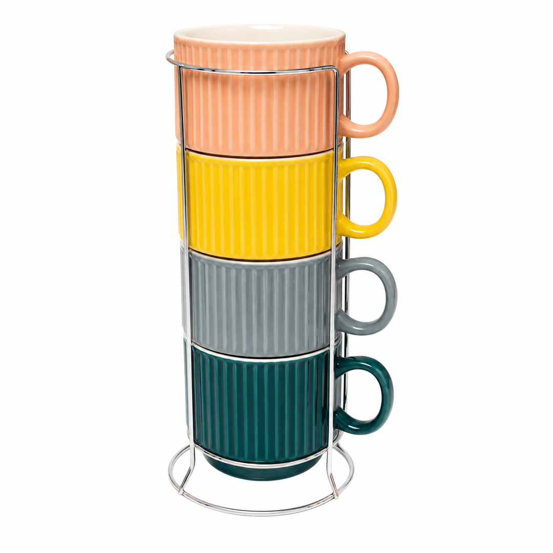 Ceramic Cup & Holder Set 4 Pieces Heat Resistant Coffee Tea Mug Set with Metal Stand Dishwasher Safe Modern Kitchen Cups for Home Office Café Use