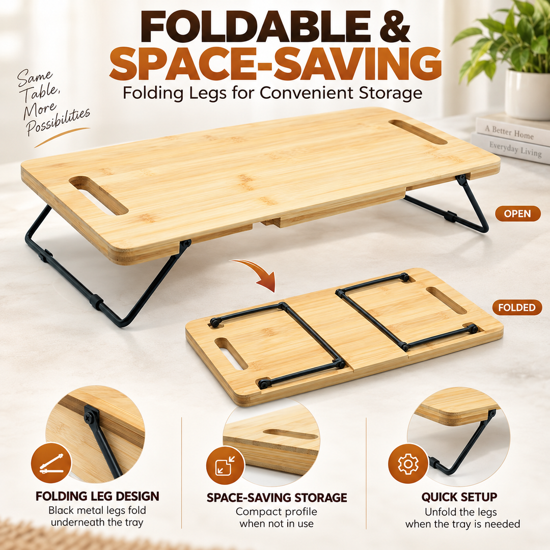 Bamboo Serving Tray with Foldable Legs, Large Charcuterie Board & Breakfast Bed Tray, 100% Natural Eco-Friendly Bamboo, Cheese Platter with Handles, 45.5 × 23.5 × 7 cm