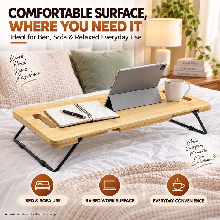 Bamboo Serving Tray with Foldable Legs, Large Charcuterie Board & Breakfast Bed Tray, 100% Natural Eco-Friendly Bamboo, Cheese Platter with Handles, 45.5 × 23.5 × 7 cm