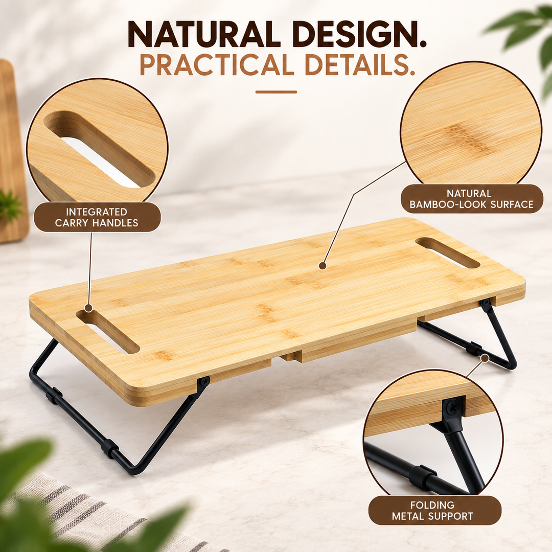 Bamboo Serving Tray with Foldable Legs, Large Charcuterie Board & Breakfast Bed Tray, 100% Natural Eco-Friendly Bamboo, Cheese Platter with Handles, 45.5 × 23.5 × 7 cm