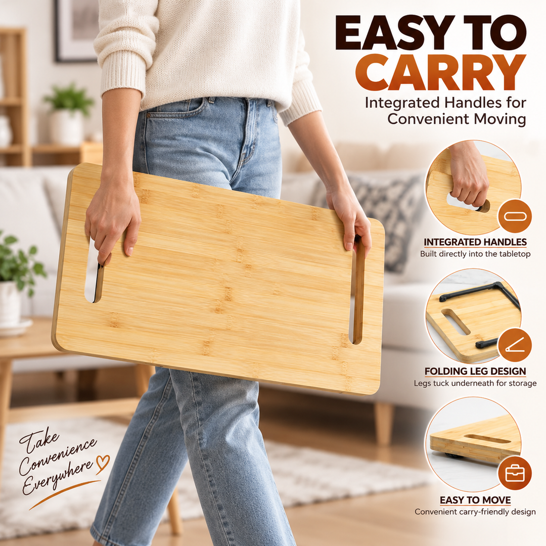 Bamboo Serving Tray with Foldable Legs, Large Charcuterie Board & Breakfast Bed Tray, 100% Natural Eco-Friendly Bamboo, Cheese Platter with Handles, 45.5 × 23.5 × 7 cm