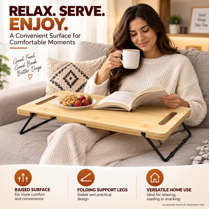 Bamboo Serving Tray with Foldable Legs, Large Charcuterie Board & Breakfast Bed Tray, 100% Natural Eco-Friendly Bamboo, Cheese Platter with Handles, 45.5 × 23.5 × 7 cm