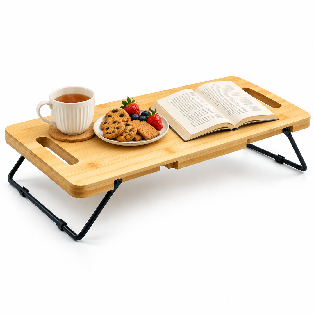 Bamboo Serving Tray with Foldable Legs, Large Charcuterie Board & Breakfast Bed Tray, 100% Natural Eco-Friendly Bamboo, Cheese Platter with Handles, 45.5 × 23.5 × 7 cm