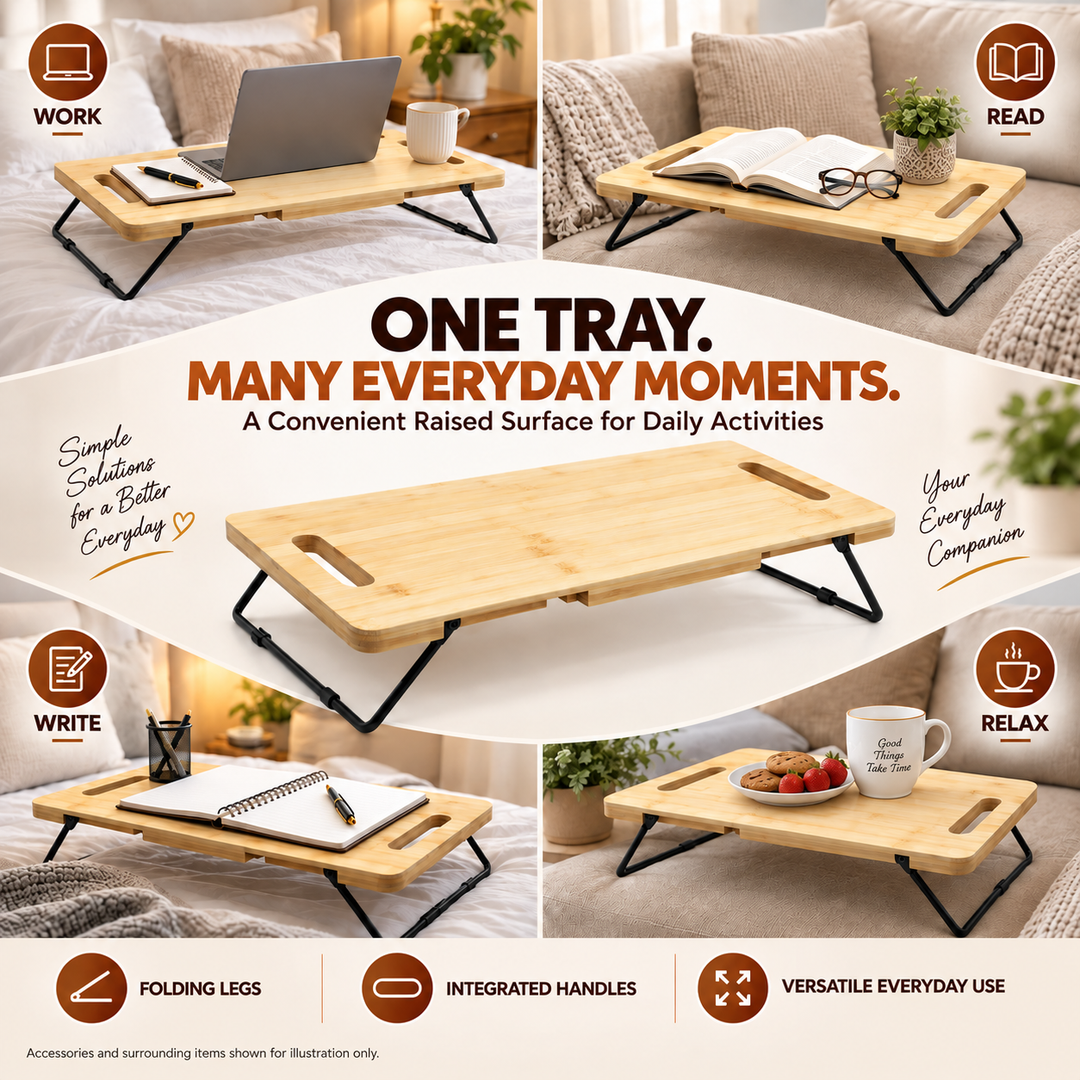 Bamboo Serving Tray with Foldable Legs, Large Charcuterie Board & Breakfast Bed Tray, 100% Natural Eco-Friendly Bamboo, Cheese Platter with Handles, 45.5 × 23.5 × 7 cm