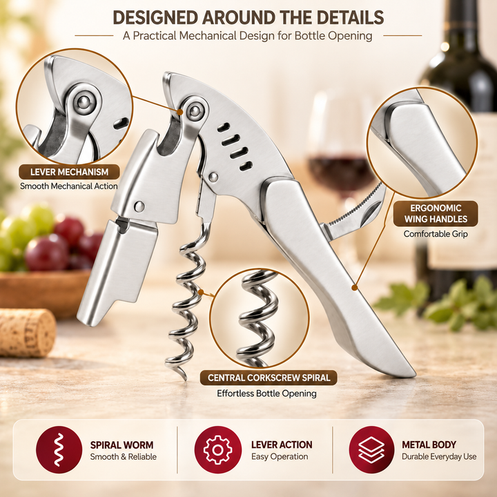 BERAM Multifunctional Waiter’s Corkscrew – Stainless Steel Wine Bottle Opener with Foil Cutter, Portable & Durable Wine Key for Bartenders, Restaurants, and Camping